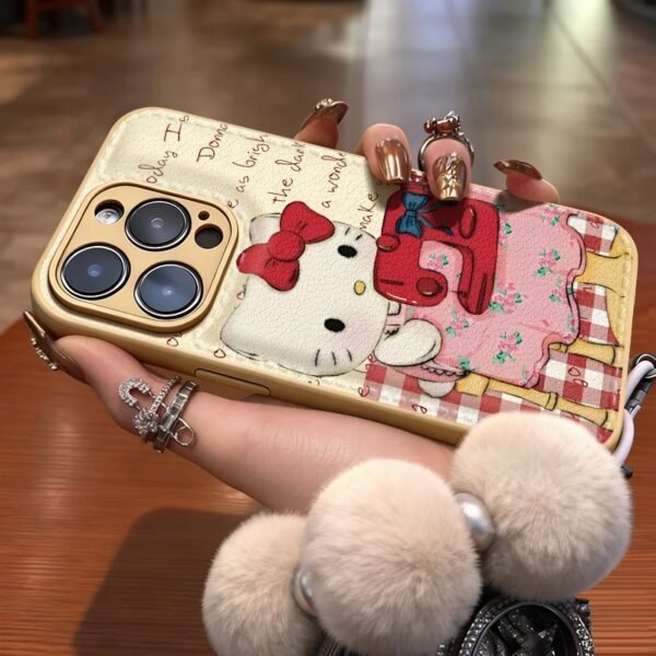 Hellokitty Soft Plush Ball Lychee Pattern Vegan Leather Phone Case #026